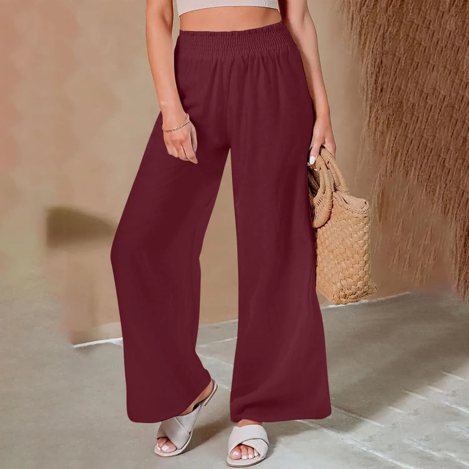 2025 Women's Casual Cotton Linen Pants with Pockets Summer Relax Fit Elastic Waist Straight Leg Trouser Pants