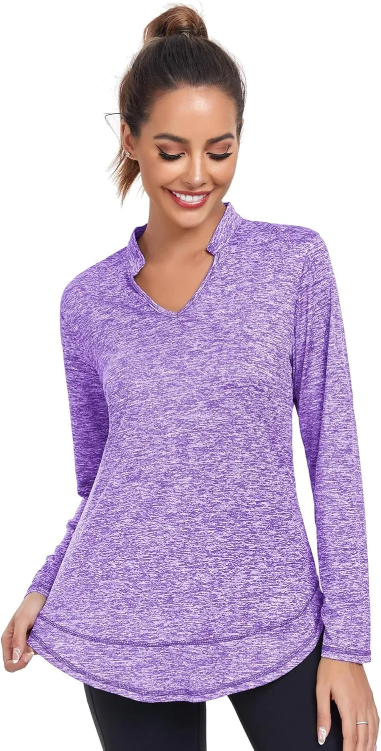 Absttith Women's Long Sleeve Workout Shirts Running Yoga Tops Athletic V Neck Sport Tee Side Split
