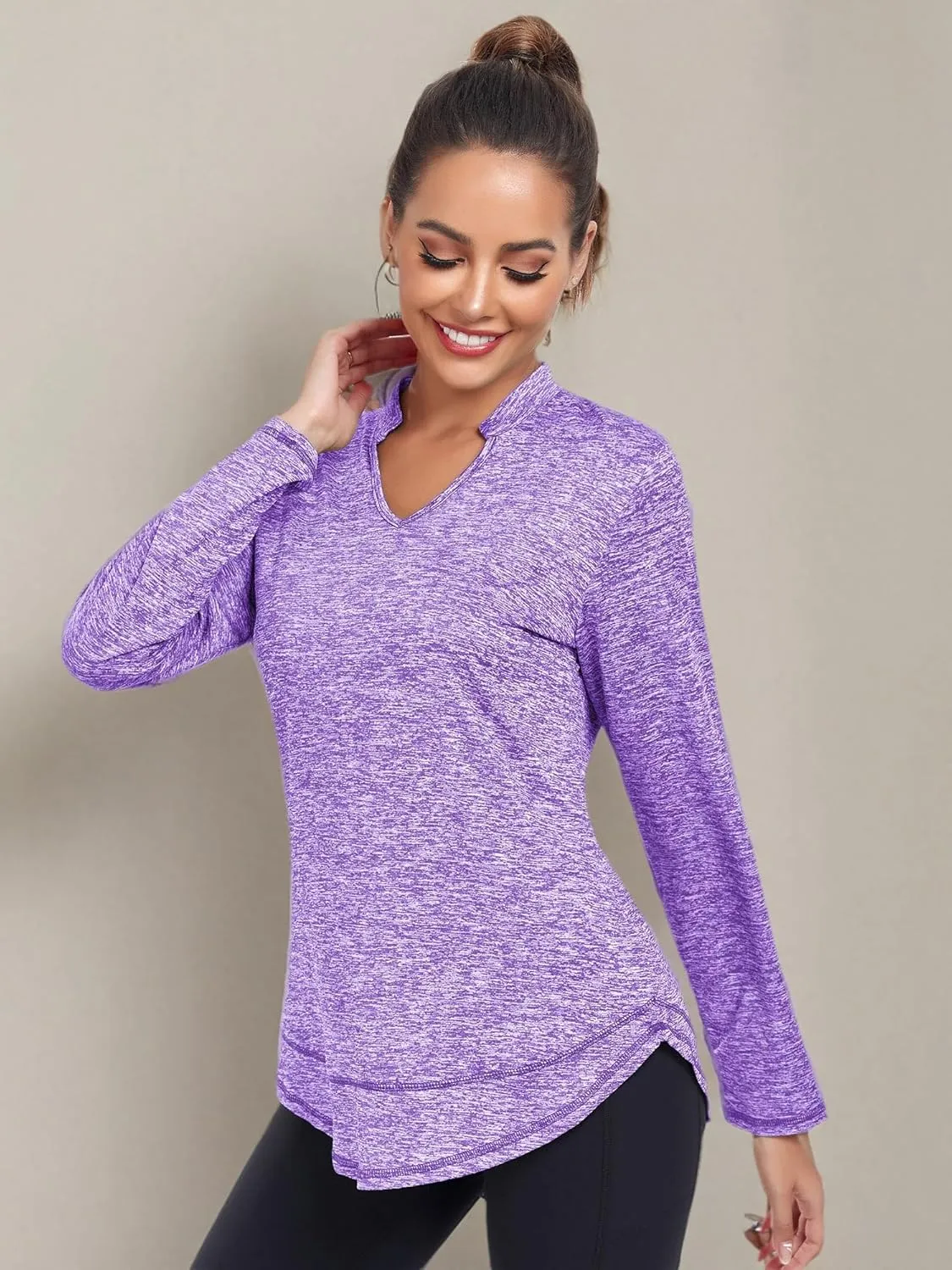 Absttith Women's Long Sleeve Workout Shirts Running Yoga Tops Athletic V Neck Sport Tee Side Split