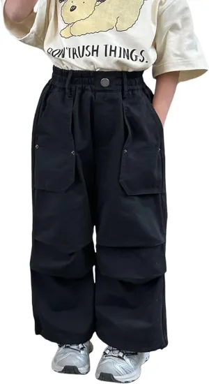 ACESTAR Girls Parachute Pants Elastic Waistband Wide Leg Pants Kids Ruched Baggy Cargo Pants for Girls 3-10 Years