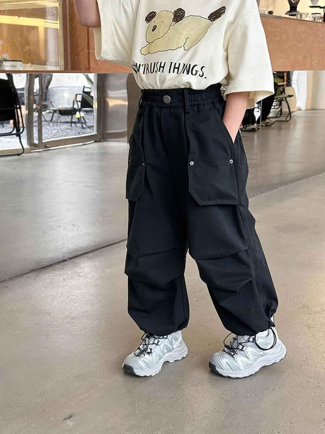 ACESTAR Girls Parachute Pants Elastic Waistband Wide Leg Pants Kids Ruched Baggy Cargo Pants for Girls 3-10 Years
