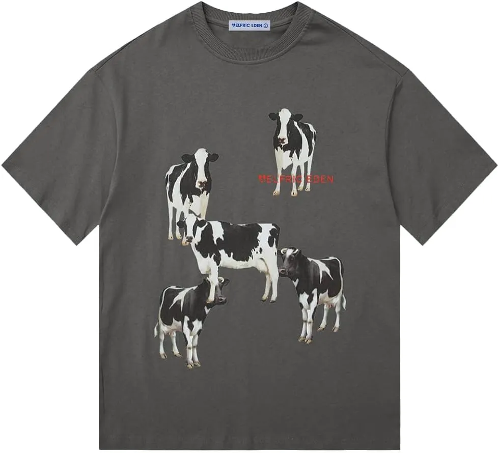 Aelfric Eden Dairy Cow Print Tee Vintage Oversize Shirts Summer Unisex Casual Harajuku Top Tshirt
