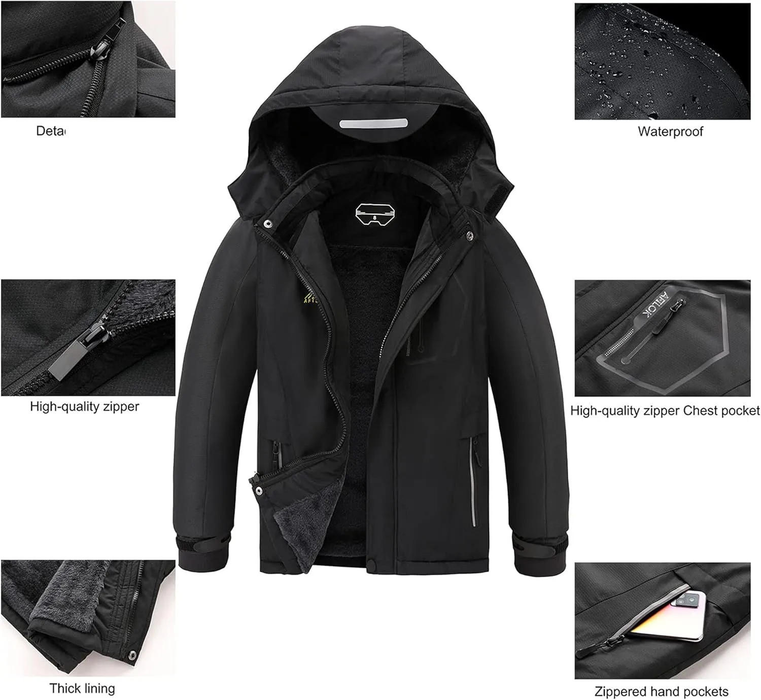 AFILOK Boy's Ski Jacket Waterproof Breathable Kids Fleece Lined Windproof Hooded Snowboard Coats