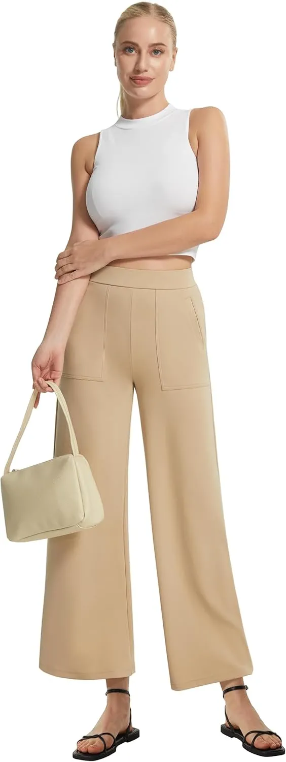 AFITNE Women's Wide Leg Yoga Dress Pants High Waist Stretchy Pull On Work Pants Cropped Casual Lounge Ankle Pants