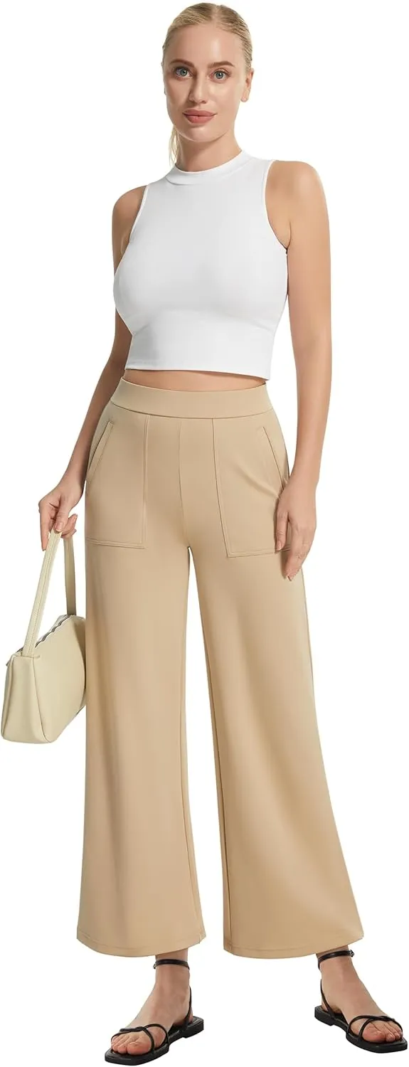 AFITNE Women's Wide Leg Yoga Dress Pants High Waist Stretchy Pull On Work Pants Cropped Casual Lounge Ankle Pants