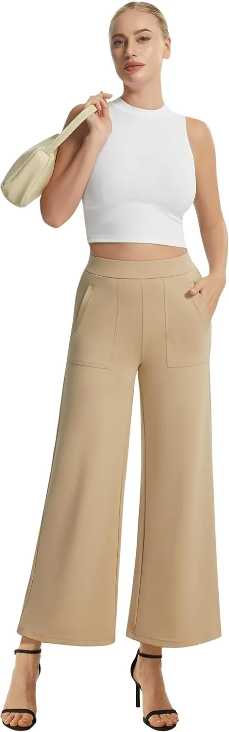 AFITNE Women's Wide Leg Yoga Dress Pants High Waist Stretchy Pull On Work Pants Cropped Casual Lounge Ankle Pants