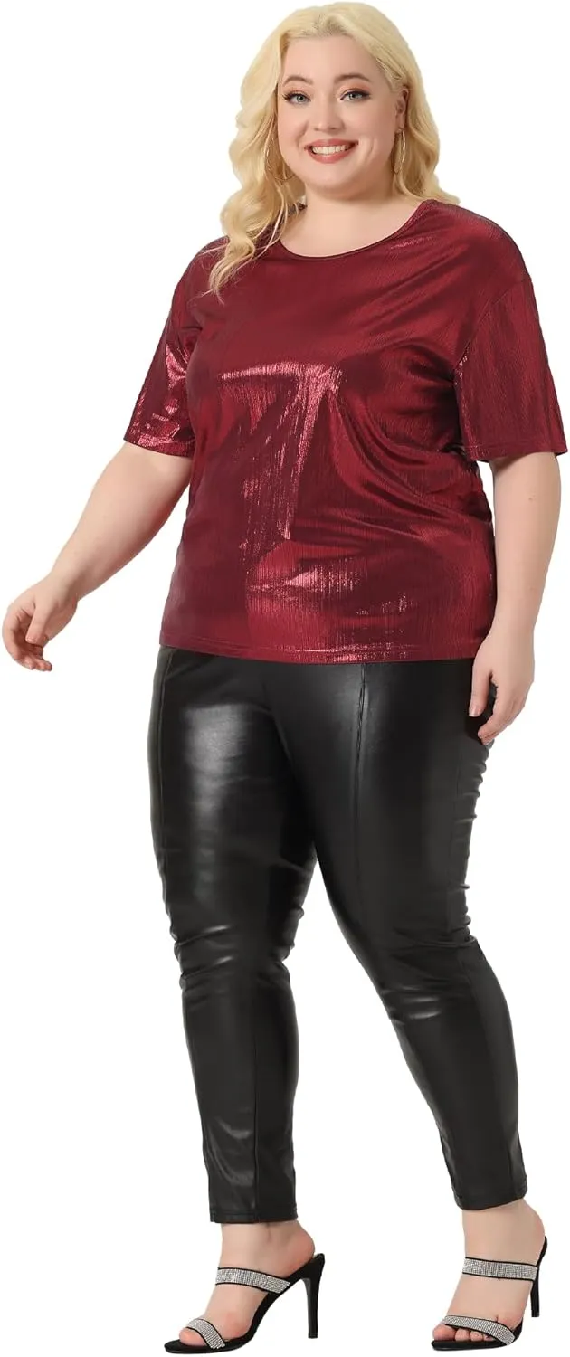 Agnes Orinda Plus Size Top Blouse for Women Metallic Round Neck Short Sleeve T-Shirt Party Blouses Tee Tops