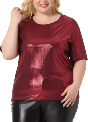 Agnes Orinda Plus Size Top Blouse for Women Metallic Round Neck Short Sleeve T-Shirt Party Blouses Tee Tops