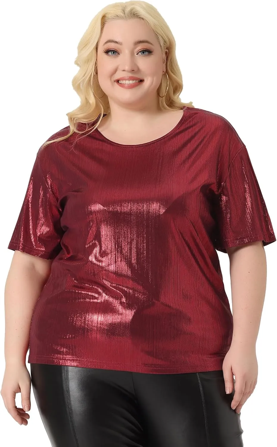 Agnes Orinda Plus Size Top Blouse for Women Metallic Round Neck Short Sleeve T-Shirt Party Blouses Tee Tops