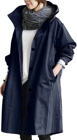 aihihe Women's Lightweight Hooded Trench Coat Outdoor Long Jacket Plus Size Button Up Windbreaker Outerwear with Pockets