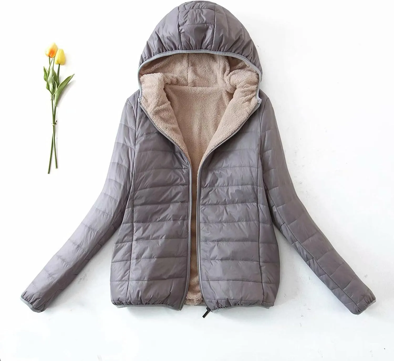 Akklian Womens Padded Cotton Puffer Jacket Winter Slim Fit Down Jackets & Parkas Zip Up Hooded Coat Sherpa Thermal Plush Tops