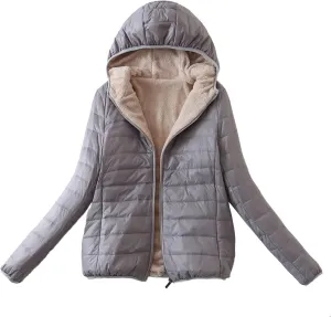 Akklian Womens Padded Cotton Puffer Jacket Winter Slim Fit Down Jackets & Parkas Zip Up Hooded Coat Sherpa Thermal Plush Tops