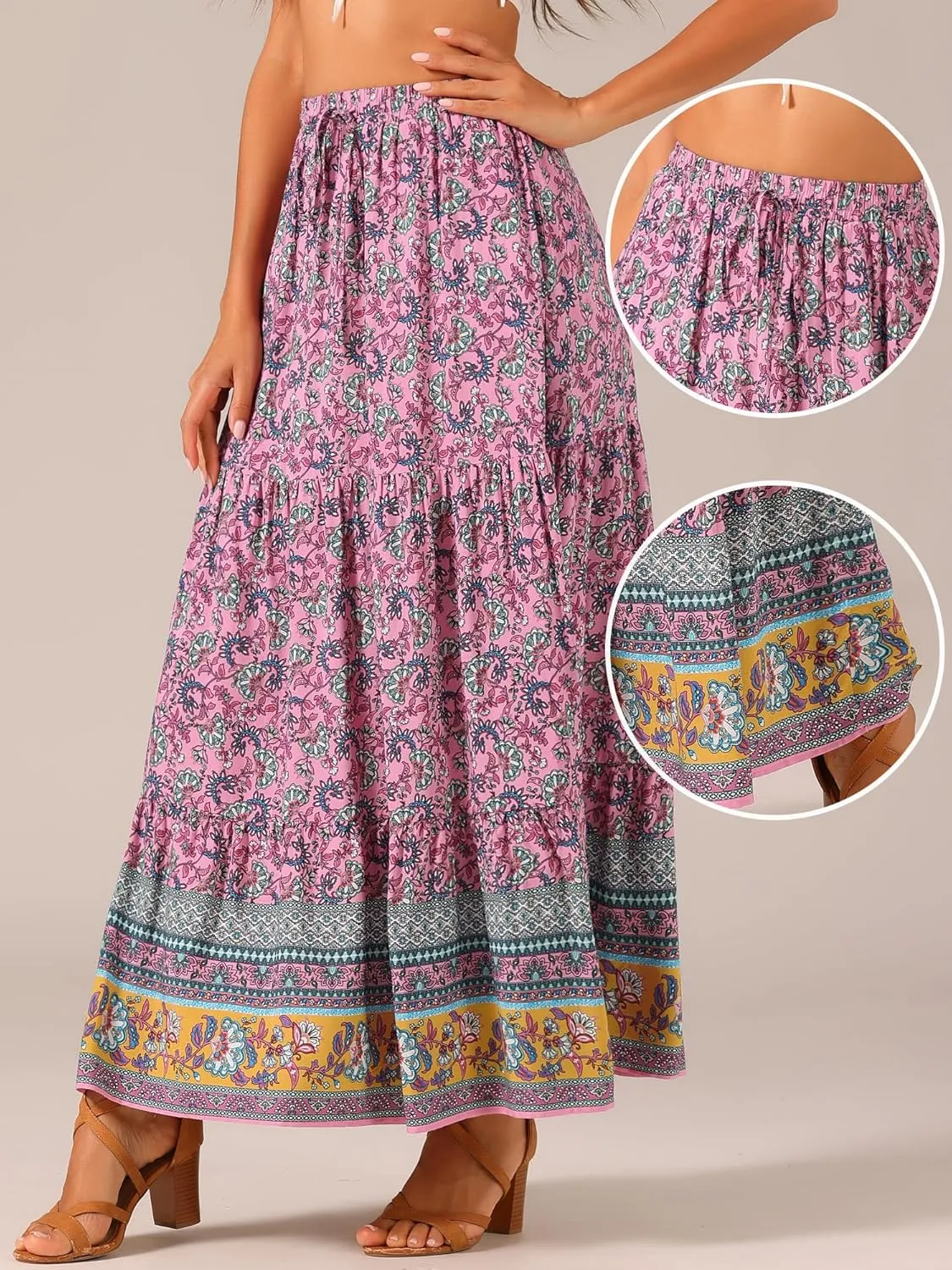 Allegra K Boho Skirt for Women's Flare Bohemian Floral Elastic Waist Flowy A-Line Vintage Casual Maxi Skirt