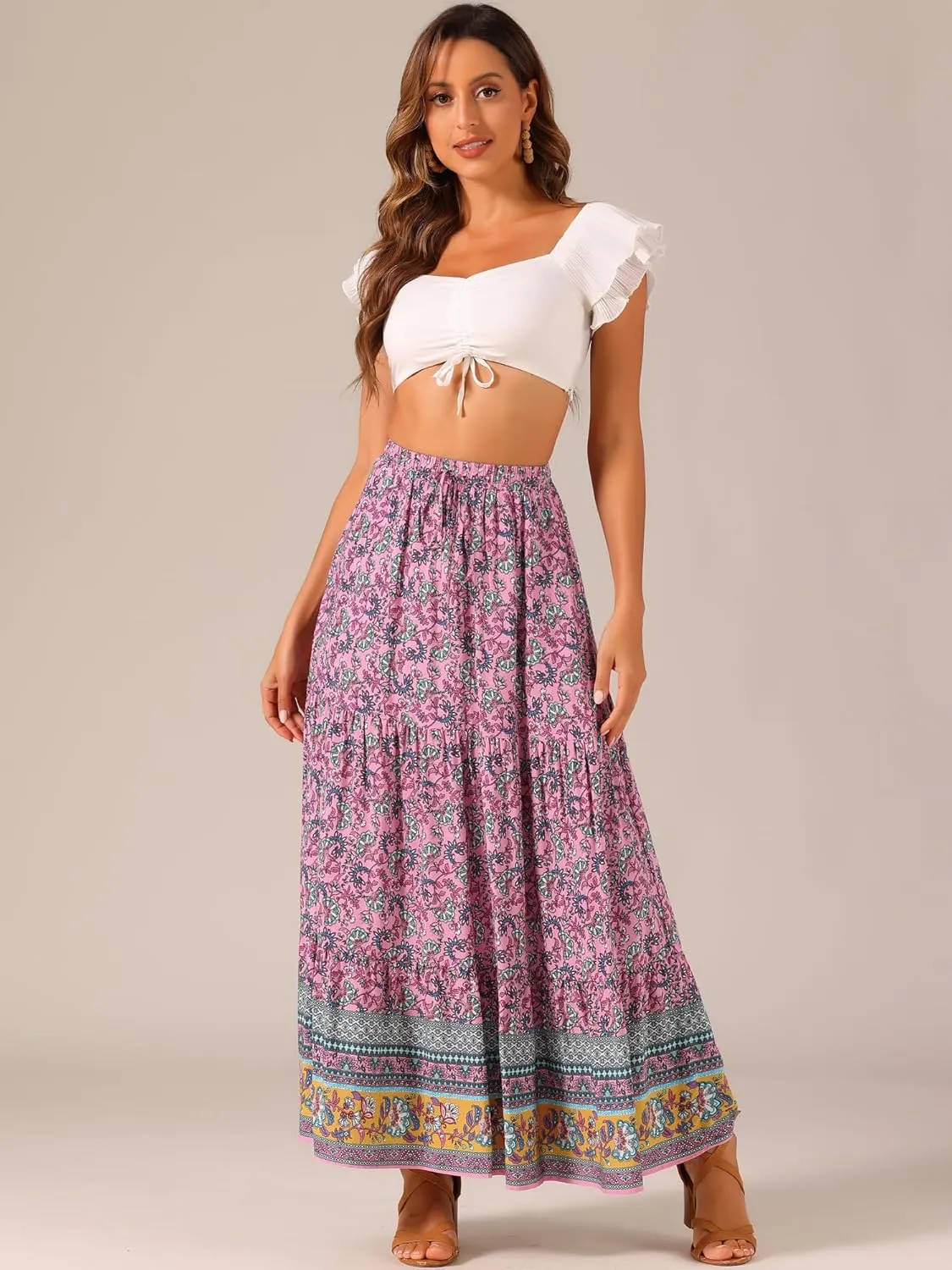Allegra K Boho Skirt for Women's Flare Bohemian Floral Elastic Waist Flowy A-Line Vintage Casual Maxi Skirt