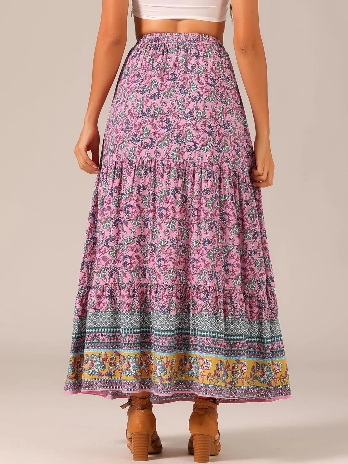 Allegra K Boho Skirt for Women's Flare Bohemian Floral Elastic Waist Flowy A-Line Vintage Casual Maxi Skirt
