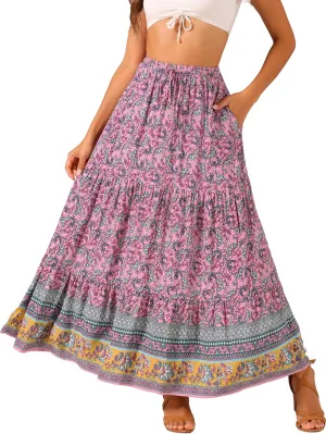 Allegra K Boho Skirt for Women's Flare Bohemian Floral Elastic Waist Flowy A-Line Vintage Casual Maxi Skirt