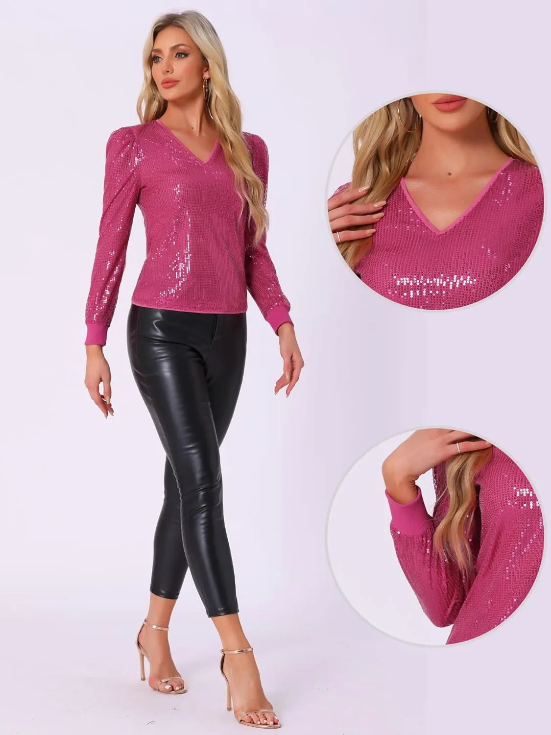 Allegra K Sparkly Sequin Top for Women's V Neck Party Metallic Blouse