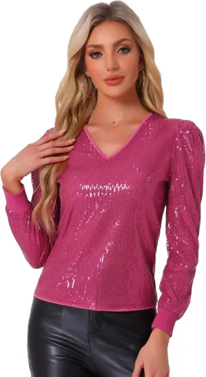 Allegra K Sparkly Sequin Top for Women's V Neck Party Metallic Blouse