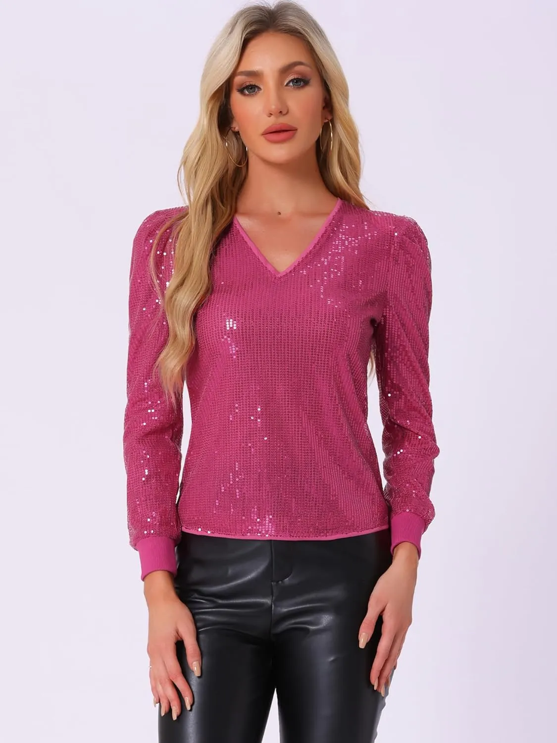 Allegra K Sparkly Sequin Top for Women's V Neck Party Metallic Blouse
