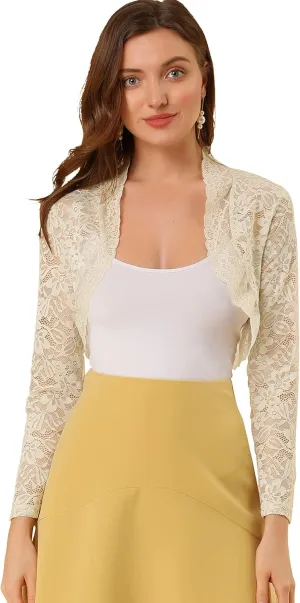 Allegra K Women's Elegant Crop Cardigan Sheer Floral Lace Bolero Shrug Top