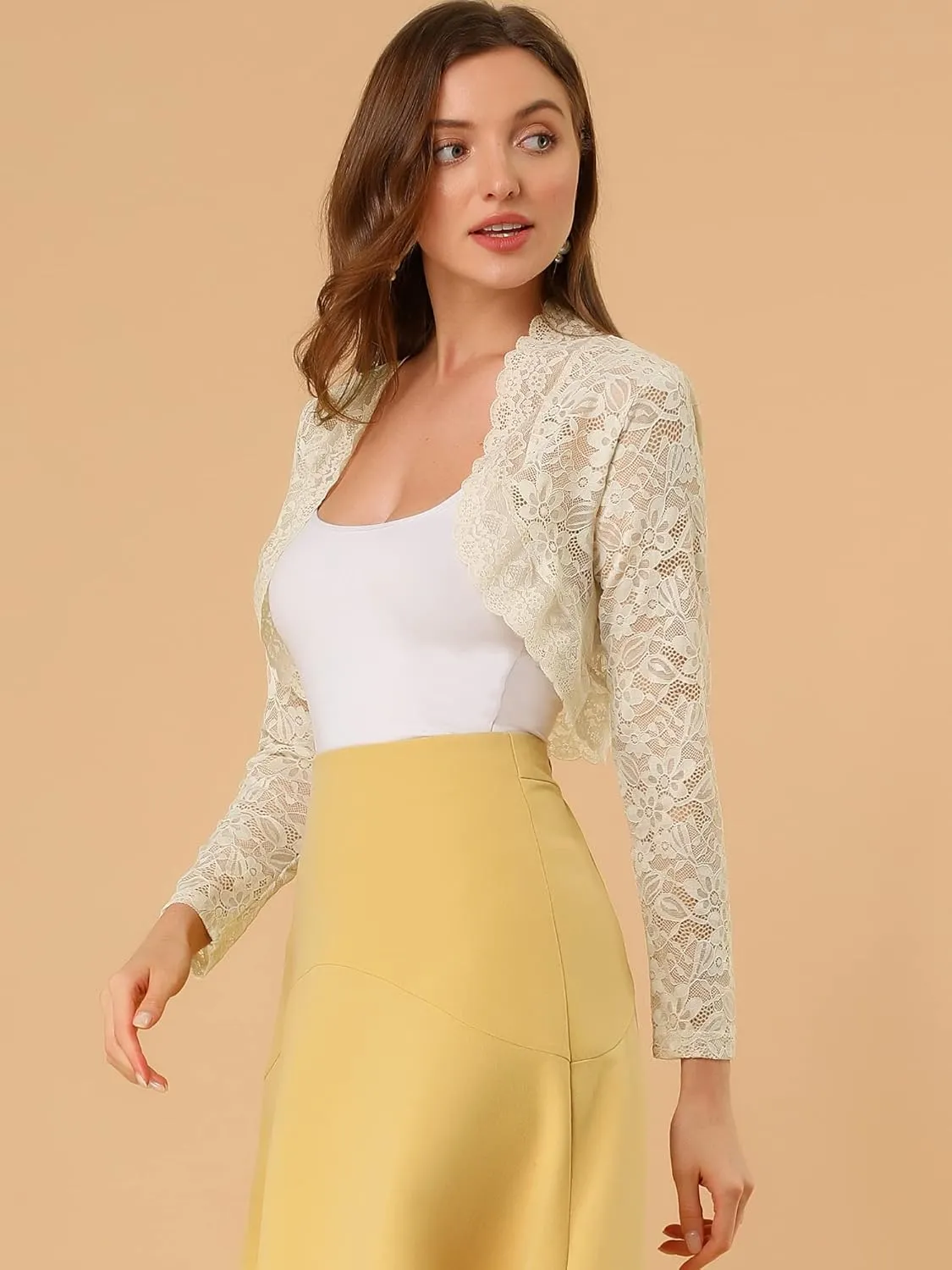 Allegra K Women's Elegant Crop Cardigan Sheer Floral Lace Bolero Shrug Top