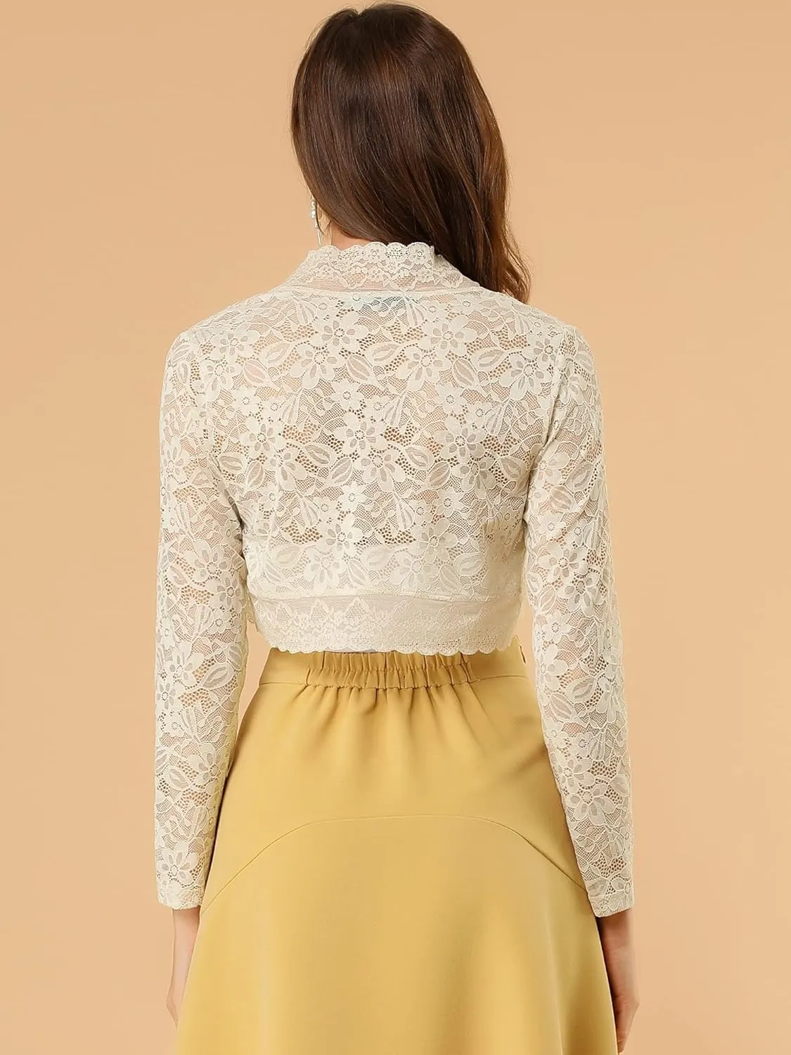 Allegra K Women's Elegant Crop Cardigan Sheer Floral Lace Bolero Shrug Top