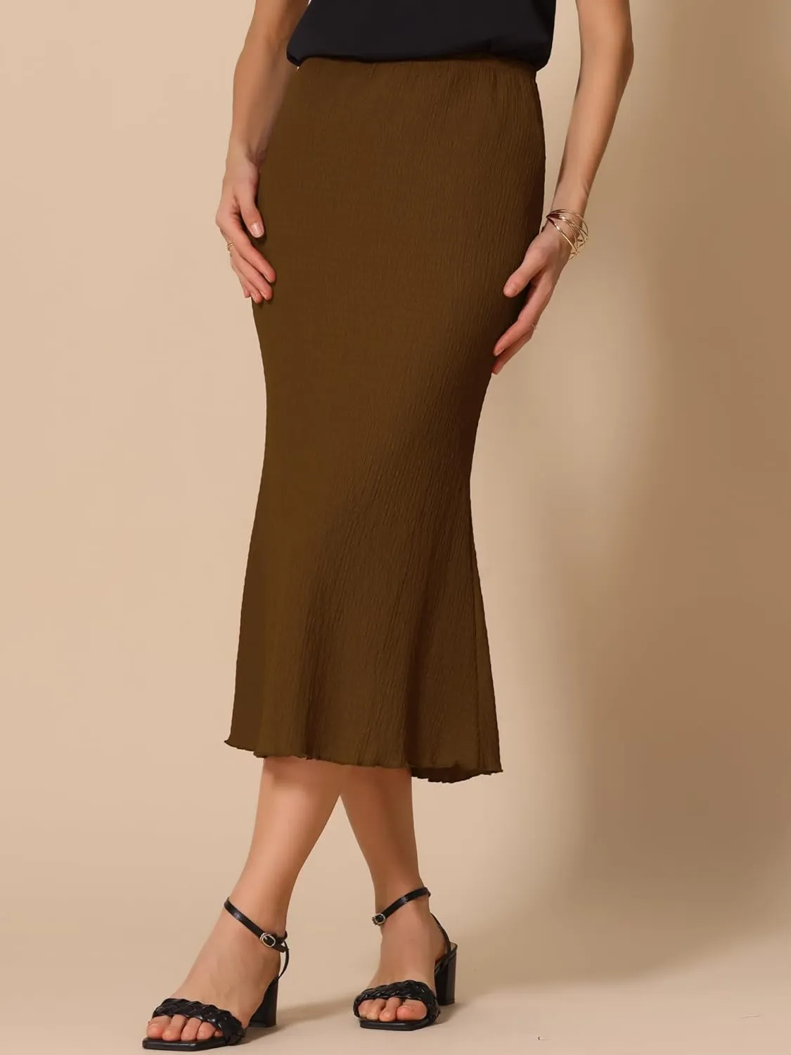Allegra K Women's Texture Stretchy Bodycon Mermaid Skirt Lettuce Hem Elastic High Waist Maxi Skirts