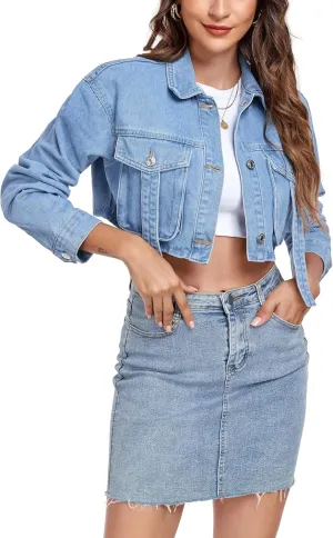 Anienaya Women's Cropped Denim Jacket Washed Cropped Y2K Cargo Short Jean Jacket with Pockets