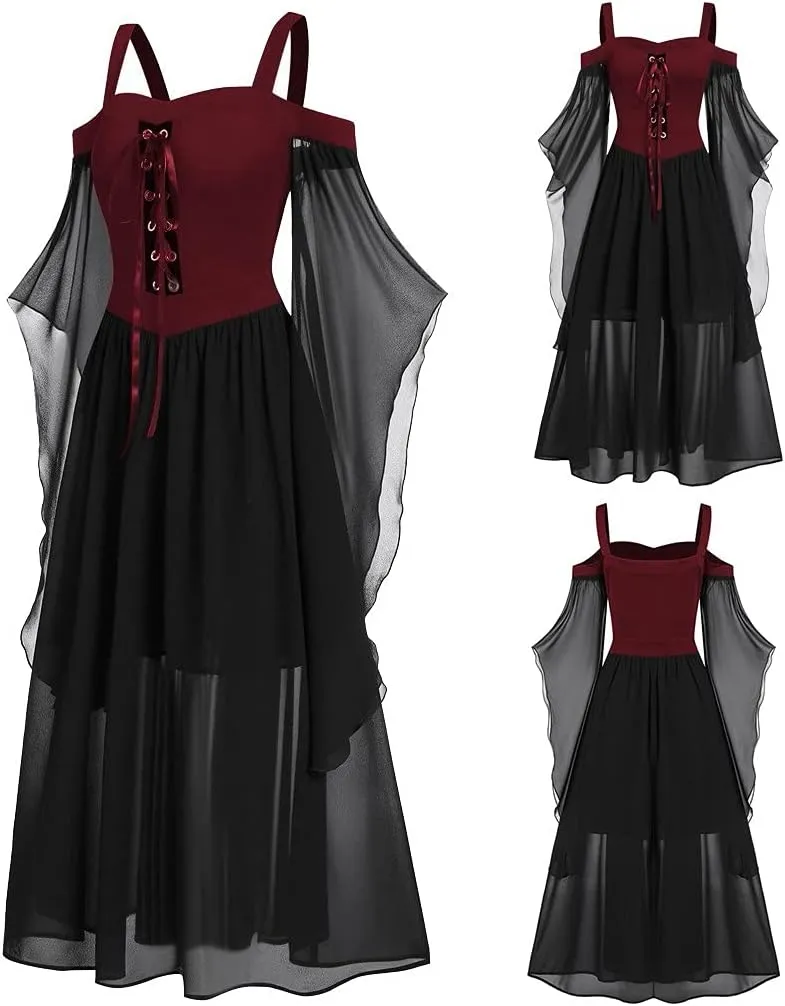 Aniywn Women Gothic Sexy Skirt Dress Lace Strappy Ruffle Club Dress Halloween Cold Shoulder T-Shirt Tops