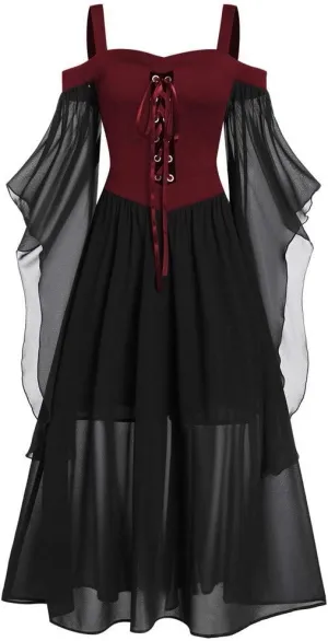 Aniywn Women Gothic Sexy Skirt Dress Lace Strappy Ruffle Club Dress Halloween Cold Shoulder T-Shirt Tops