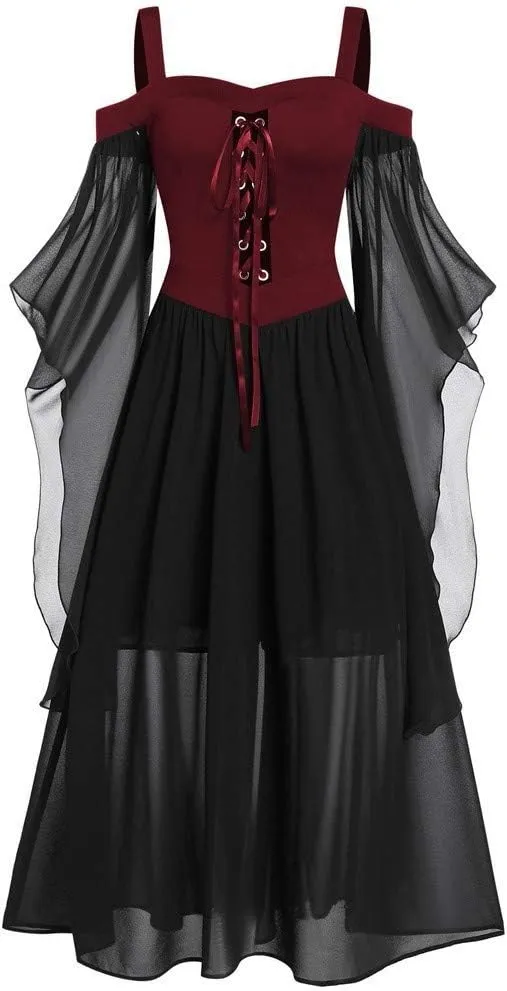 Aniywn Women Gothic Sexy Skirt Dress Lace Strappy Ruffle Club Dress Halloween Cold Shoulder T-Shirt Tops