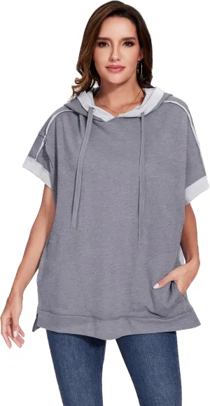 Anna-Kaci Womens Oversized Short Sleeve Hoodie Side Slits Pullover Sweater Top