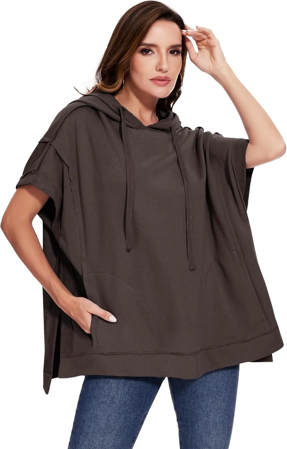 Anna-Kaci Womens Oversized Short Sleeve Hoodie Side Slits Pullover Sweater Top