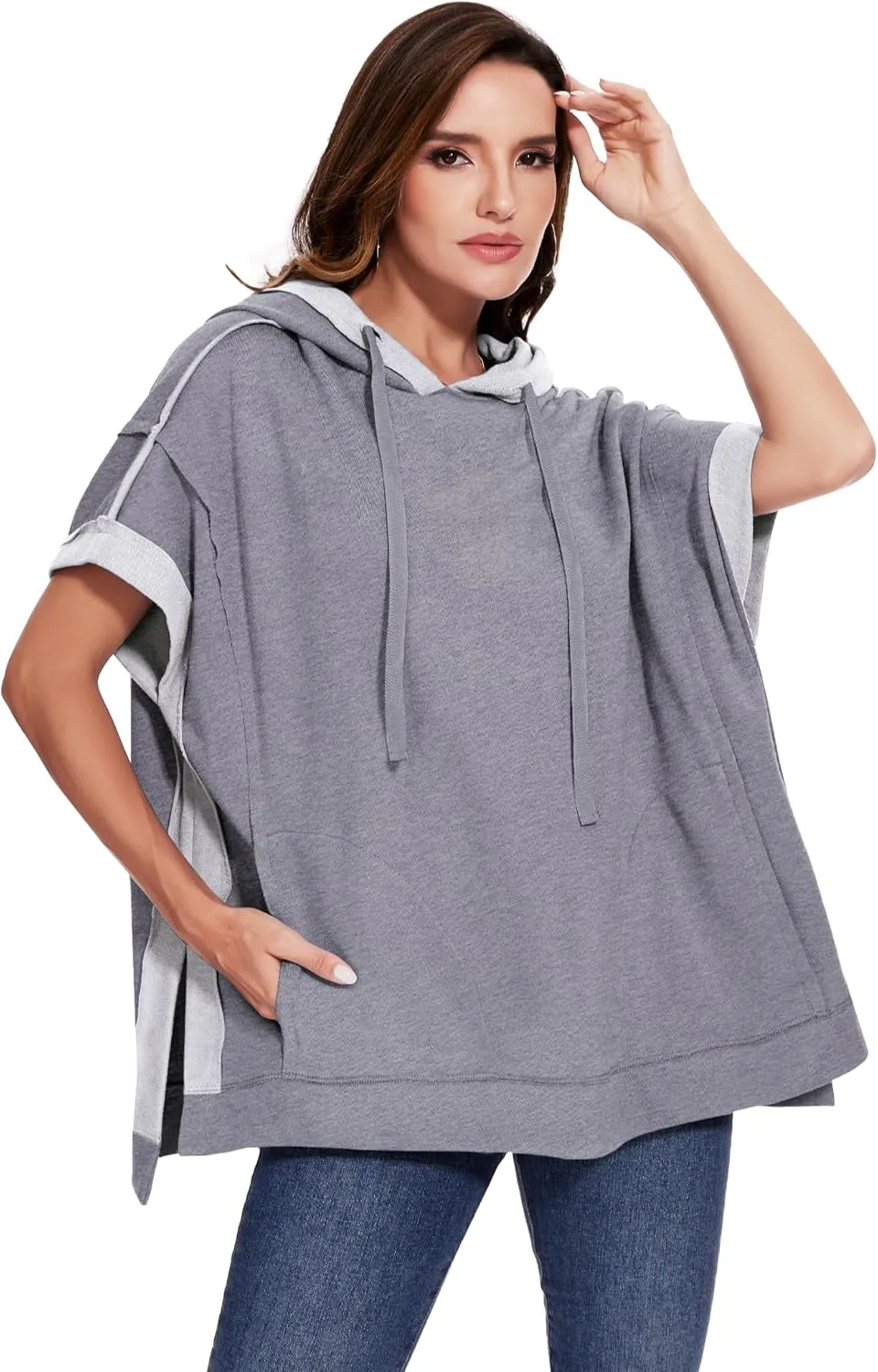 Anna-Kaci Womens Oversized Short Sleeve Hoodie Side Slits Pullover Sweater Top