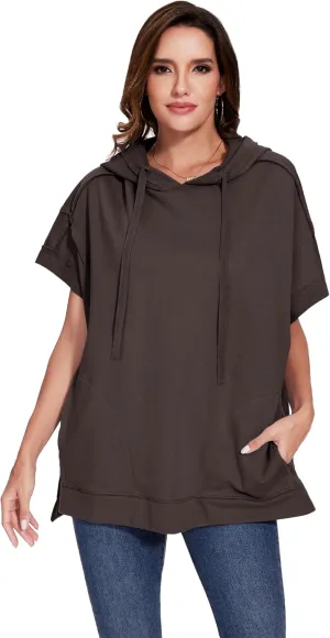 Anna-Kaci Womens Oversized Short Sleeve Hoodie Side Slits Pullover Sweater Top