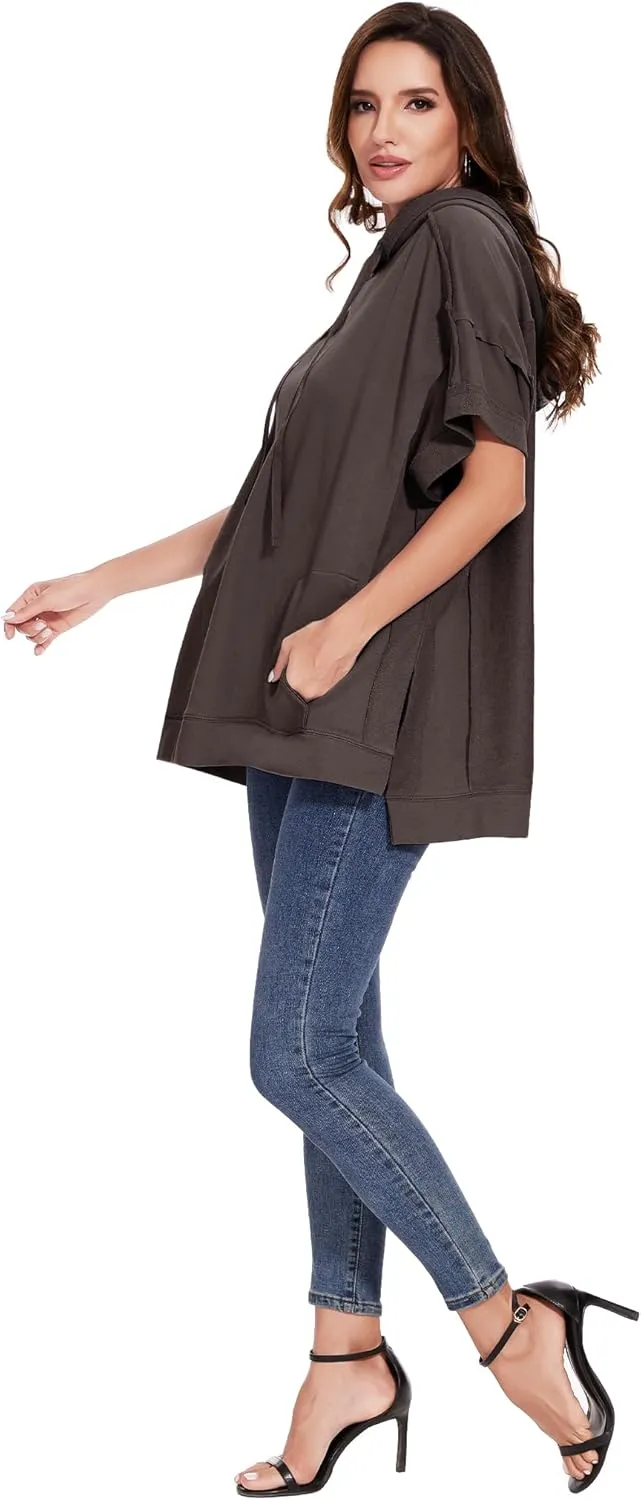 Anna-Kaci Womens Oversized Short Sleeve Hoodie Side Slits Pullover Sweater Top
