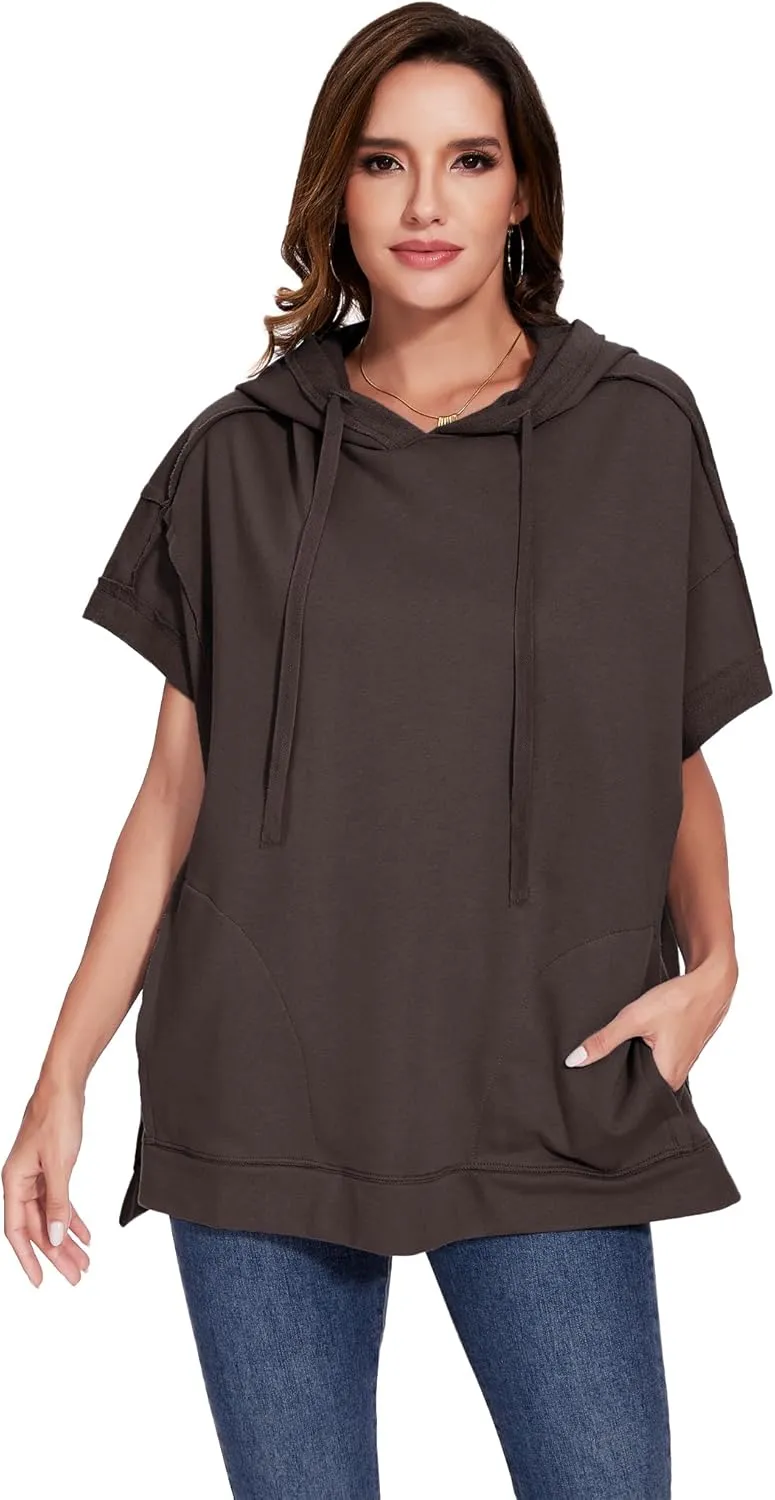Anna-Kaci Womens Oversized Short Sleeve Hoodie Side Slits Pullover Sweater Top