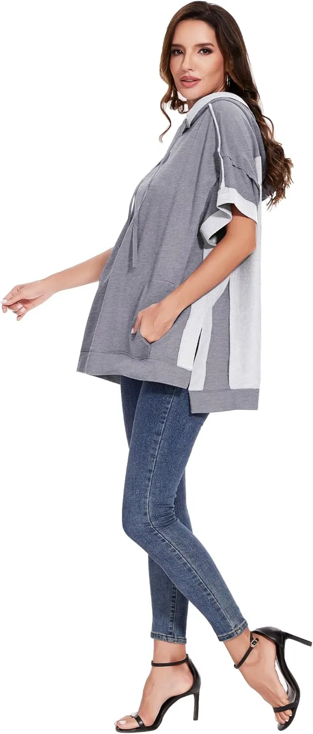 Anna-Kaci Womens Oversized Short Sleeve Hoodie Side Slits Pullover Sweater Top