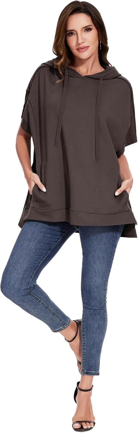 Anna-Kaci Womens Oversized Short Sleeve Hoodie Side Slits Pullover Sweater Top