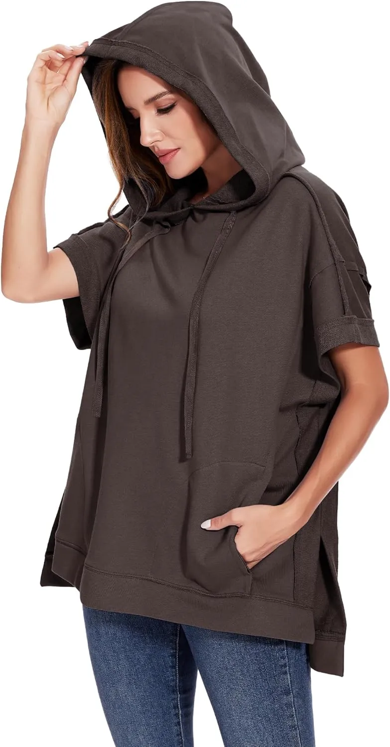 Anna-Kaci Womens Oversized Short Sleeve Hoodie Side Slits Pullover Sweater Top