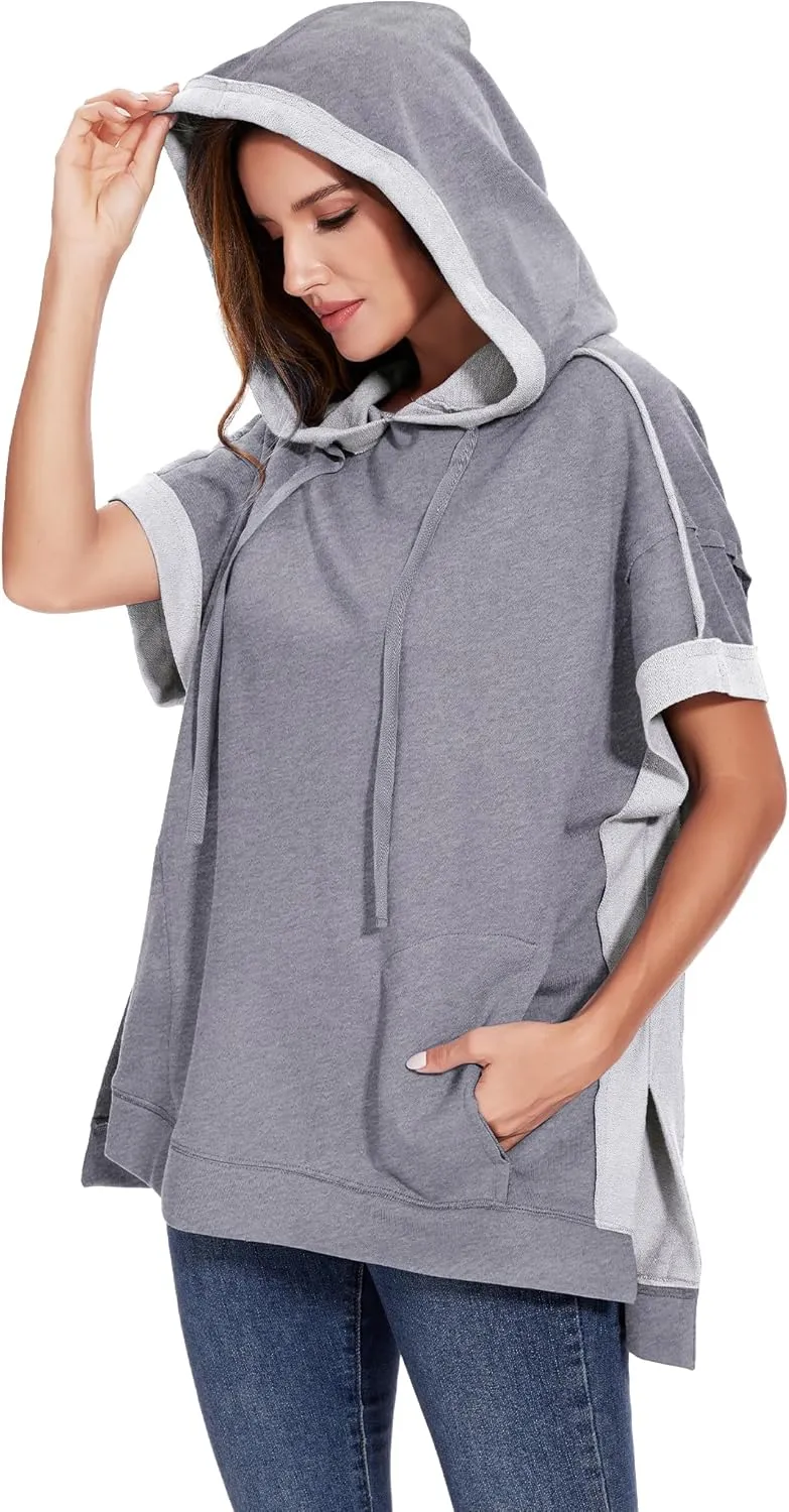 Anna-Kaci Womens Oversized Short Sleeve Hoodie Side Slits Pullover Sweater Top