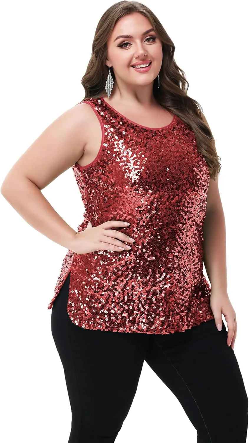 Anna-Kaci Womens Plus Size Sleeveless Sequin Tops Sparkle Shine Tank Top