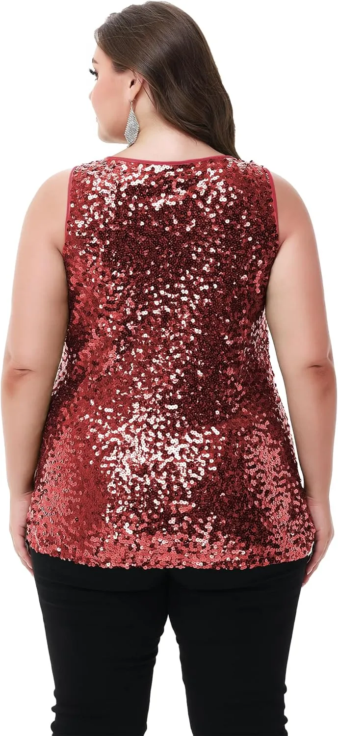 Anna-Kaci Womens Plus Size Sleeveless Sequin Tops Sparkle Shine Tank Top