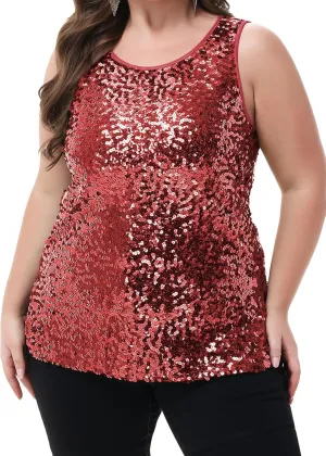 Anna-Kaci Womens Plus Size Sleeveless Sequin Tops Sparkle Shine Tank Top