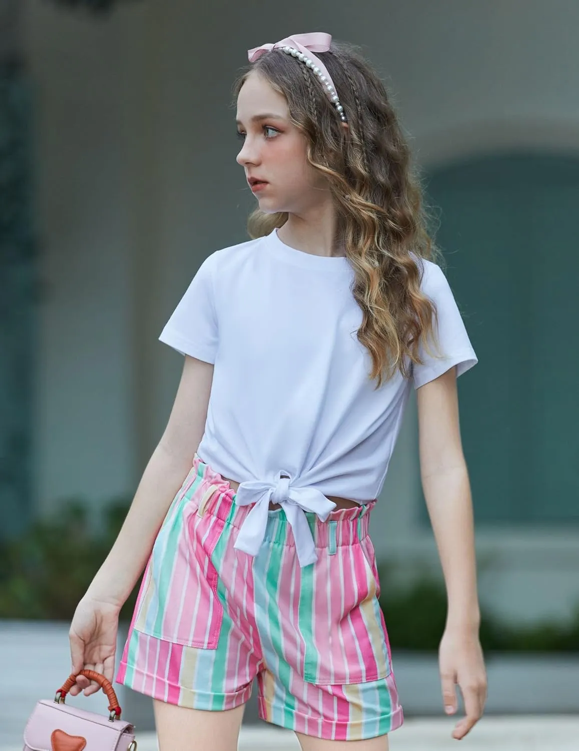 Arshiner Girls 2 Piece Outfit Summer Drop Shoulder Batwing Sleeve Tops and Paperbag Waist Shorts Set Cute Clothing Size 6-14