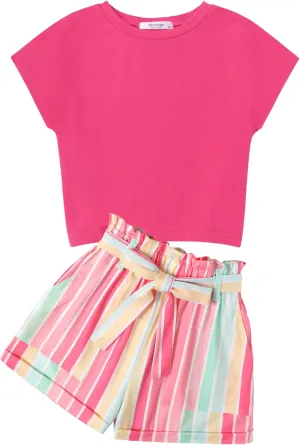 Arshiner Girls 2 Piece Outfit Summer Drop Shoulder Batwing Sleeve Tops and Paperbag Waist Shorts Set Cute Clothing Size 6-14