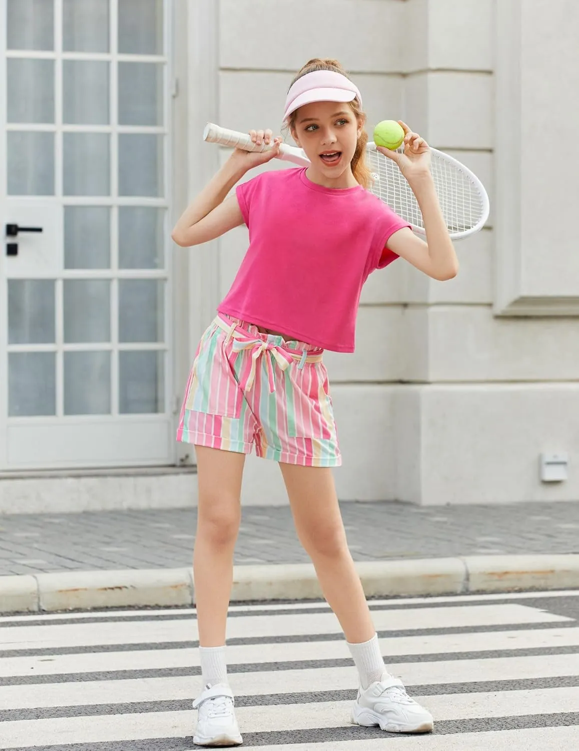 Arshiner Girls 2 Piece Outfit Summer Drop Shoulder Batwing Sleeve Tops and Paperbag Waist Shorts Set Cute Clothing Size 6-14