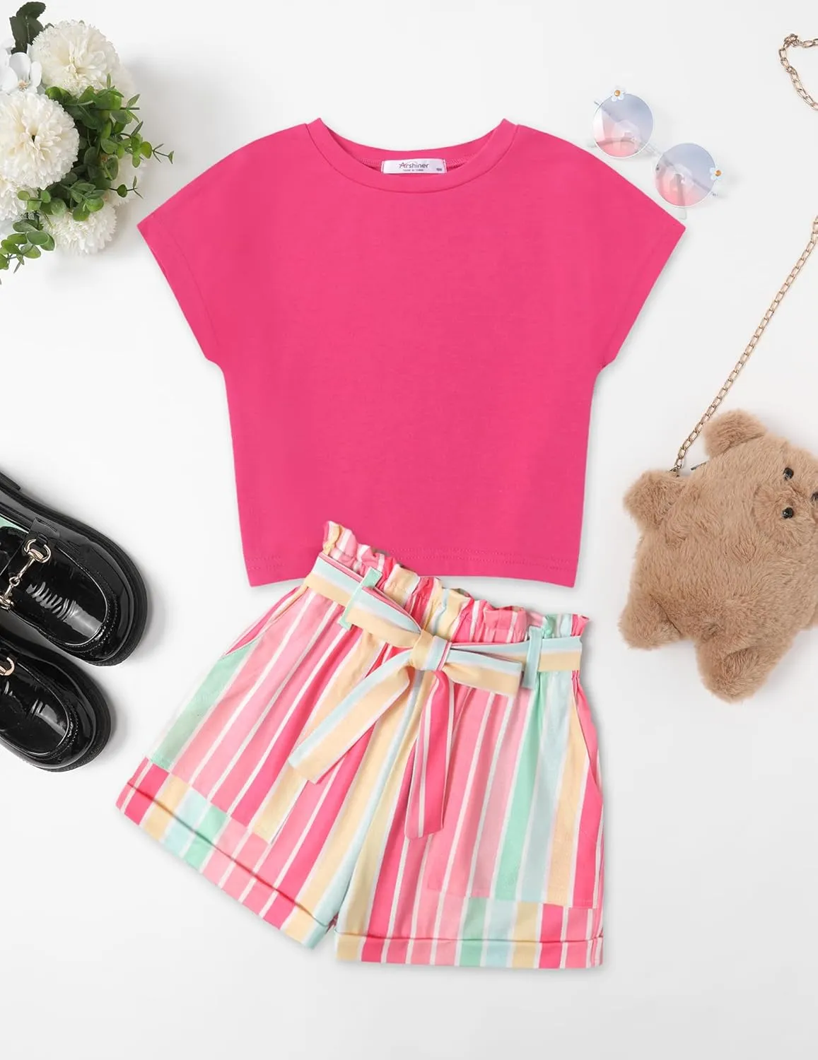 Arshiner Girls 2 Piece Outfit Summer Drop Shoulder Batwing Sleeve Tops and Paperbag Waist Shorts Set Cute Clothing Size 6-14