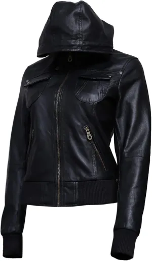 Artistry Womens Genuine Lambskin Leather Motorcycle Jacket with Removable Leather Hood Black - Hooded leather bomber jacket