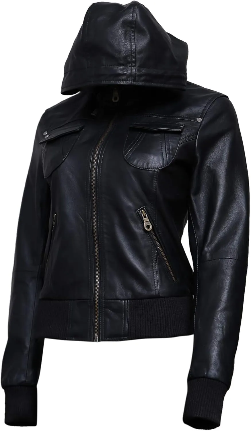Artistry Womens Genuine Lambskin Leather Motorcycle Jacket with Removable Leather Hood Black - Hooded leather bomber jacket